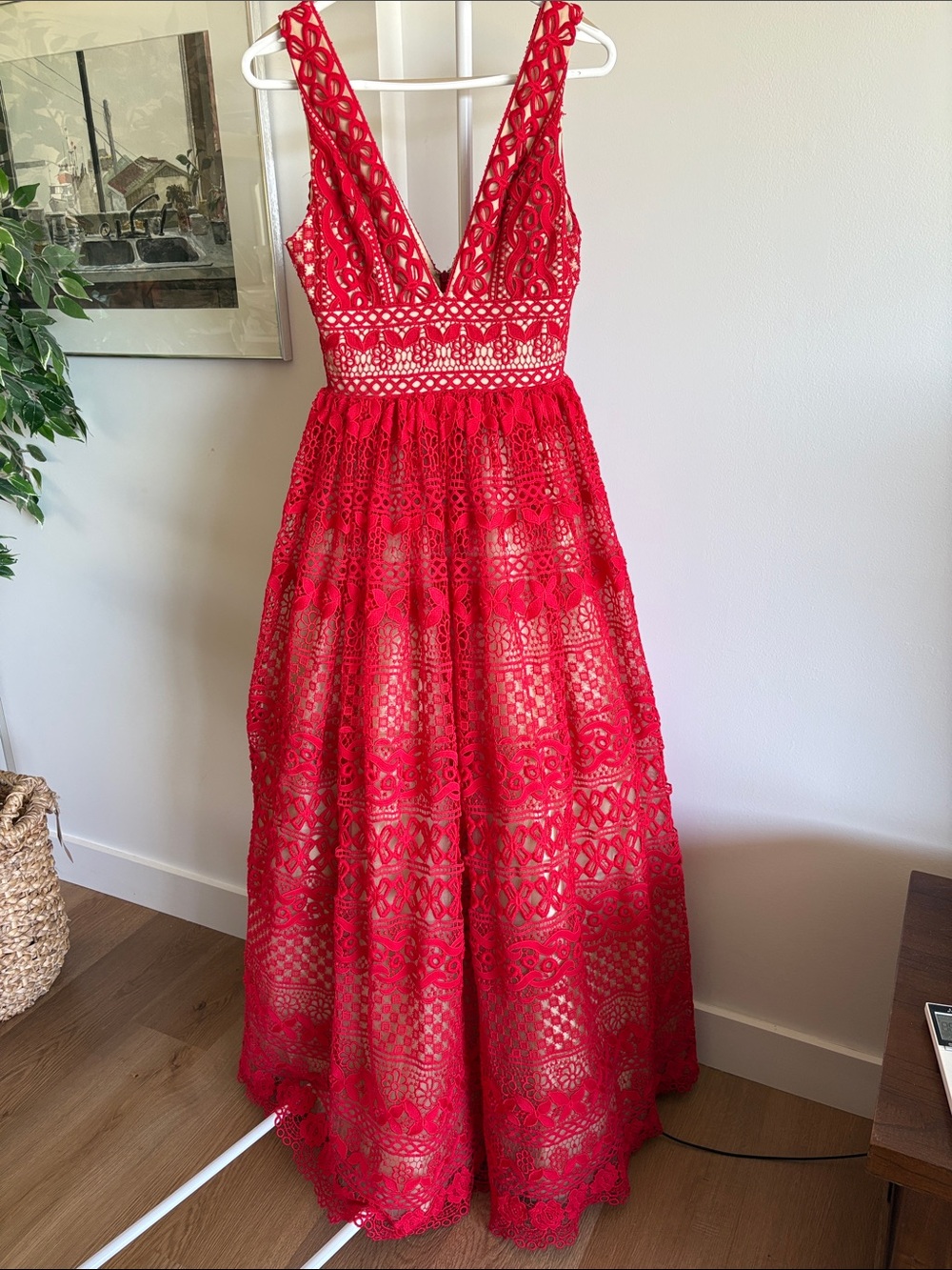 Angela & Alison Red Lace V-Neck Dress with Nude Lining